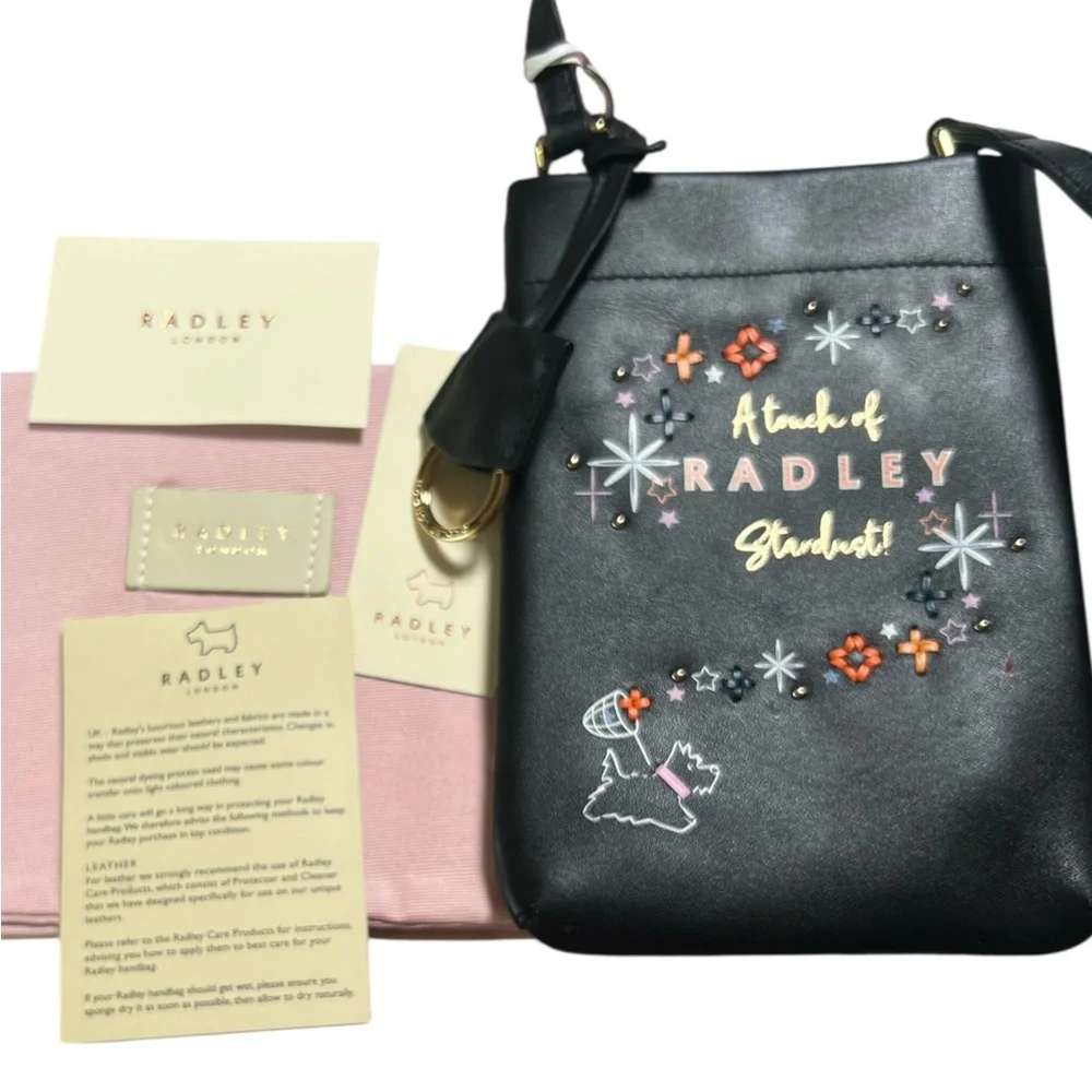 NWT Radley London Stardust Black Leather Mini Crossbody Phone Bag Scottie Dog - Picture 4 of 7